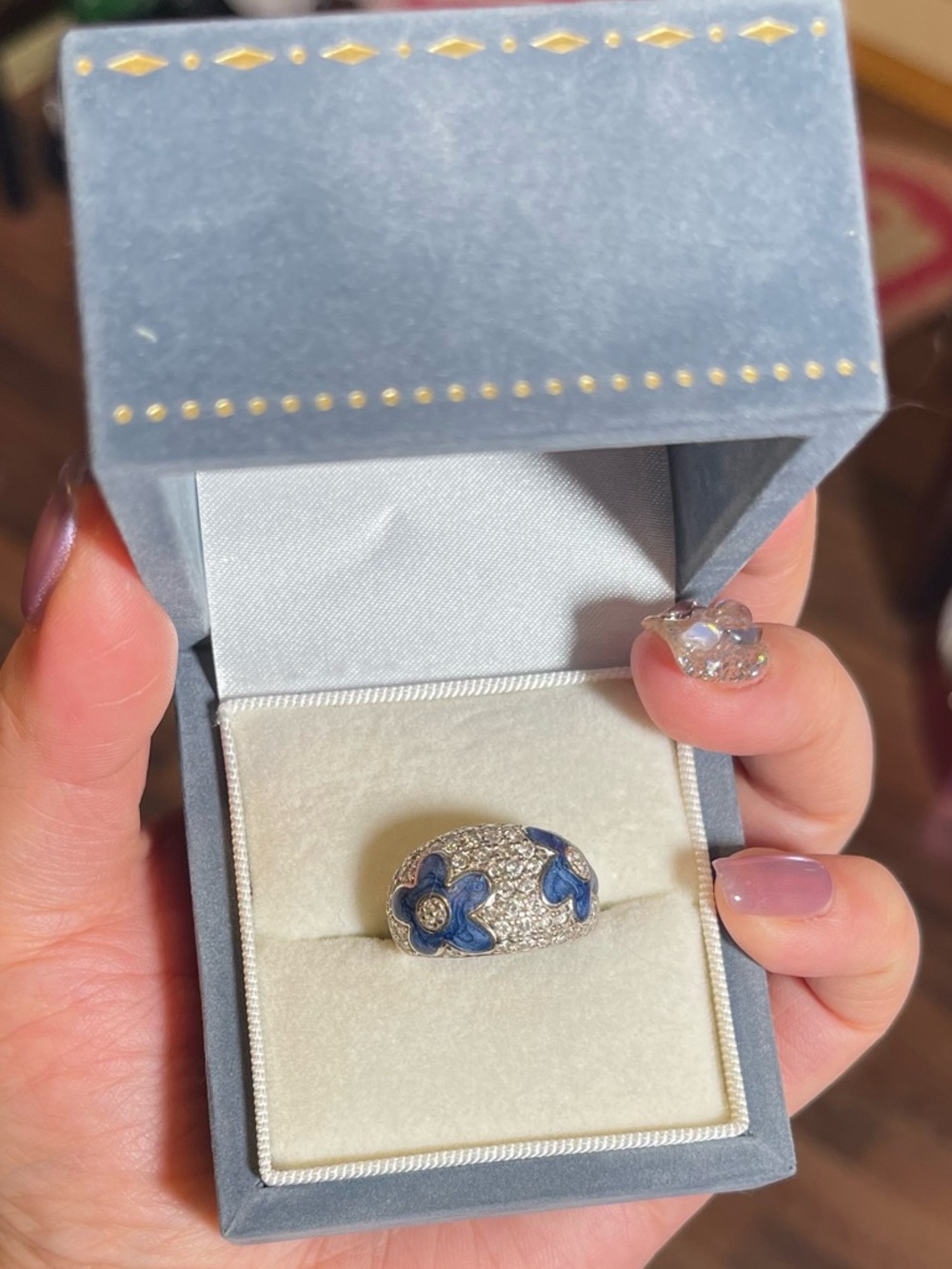 Sterling Sliver 925 Blue Floral Pavé Crystal Dome Ring - Women Jewelry
